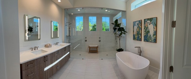 Luxury master bathroom with freestanding tub and walk-in shower